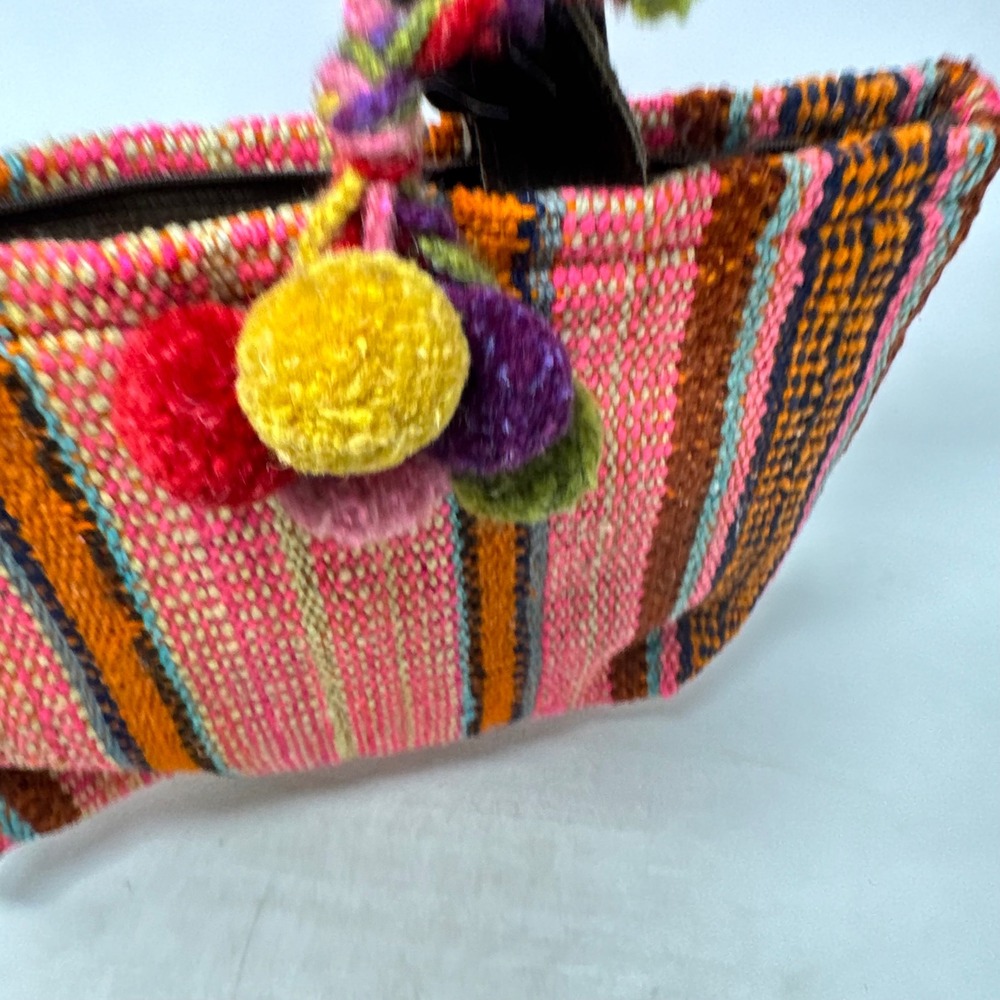 Peruvian Connection Handwoven Tote Bag Pink Striped Wool Pom Pom Boho Artisan - Picture 2 of 12
